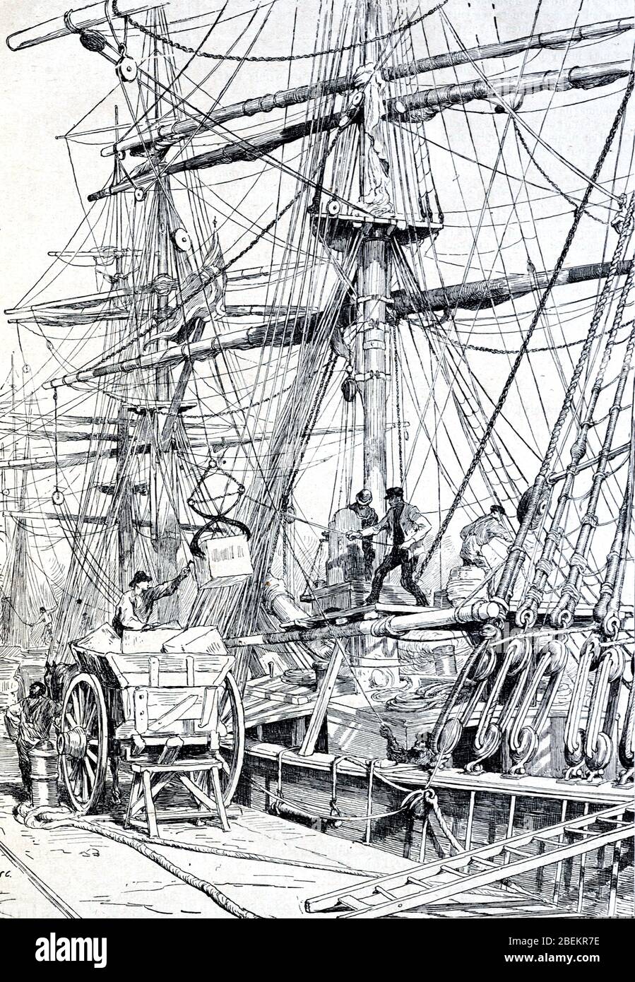 Ghiaccio in arrivo e scaricato da una nave Tall nel porto o porto di le Havre Normandia Francia. Vintage o Old Illustration o Engraving 1887 Foto Stock