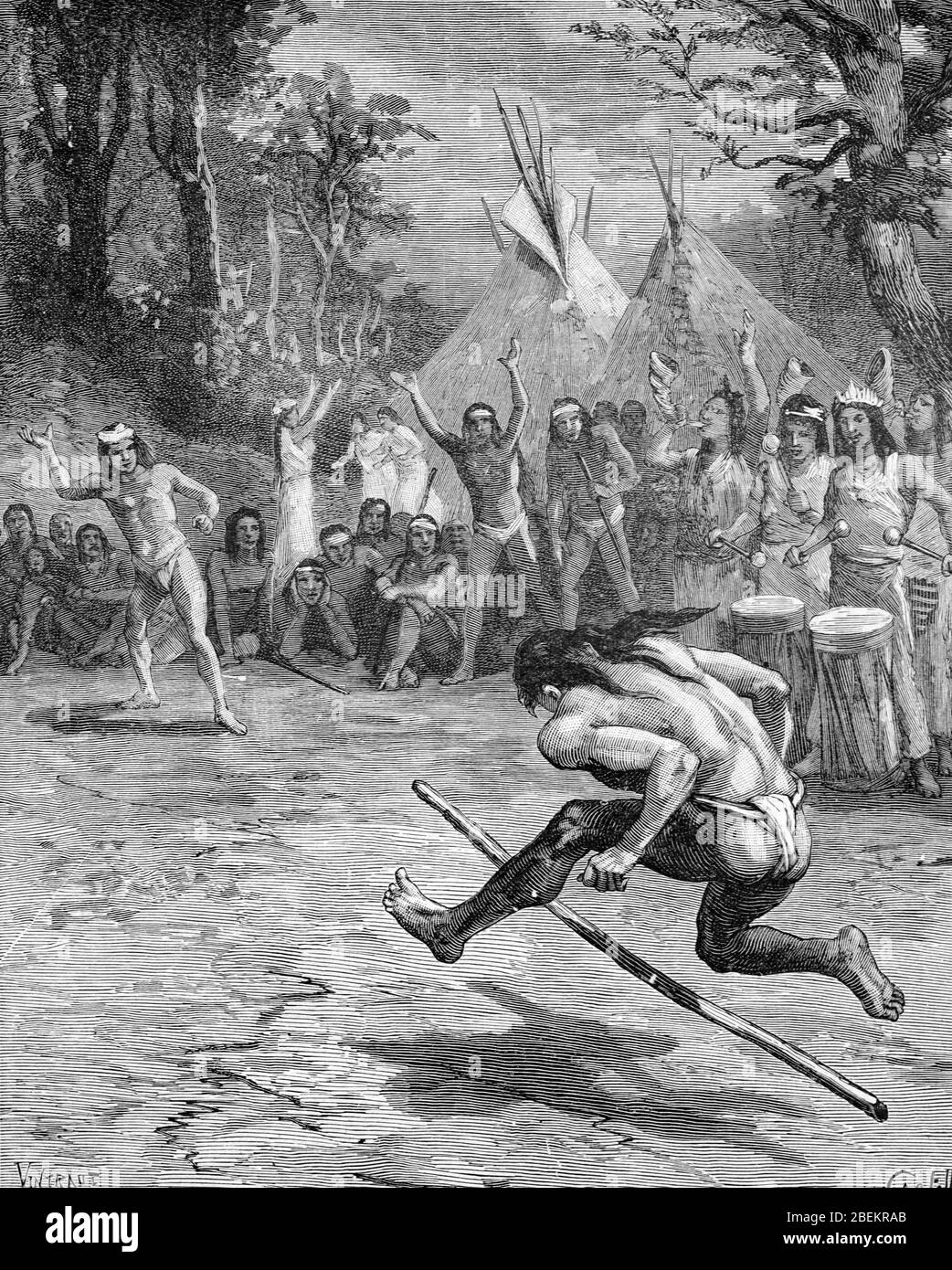 Stick Dance, dove un giocatore lancia una lancia verso un avversario, tra gli indigeni, Tribal Group, Amerindi o i nativi di Panama Central America. Vintage o Old Illustration o Engraving 1887 Foto Stock