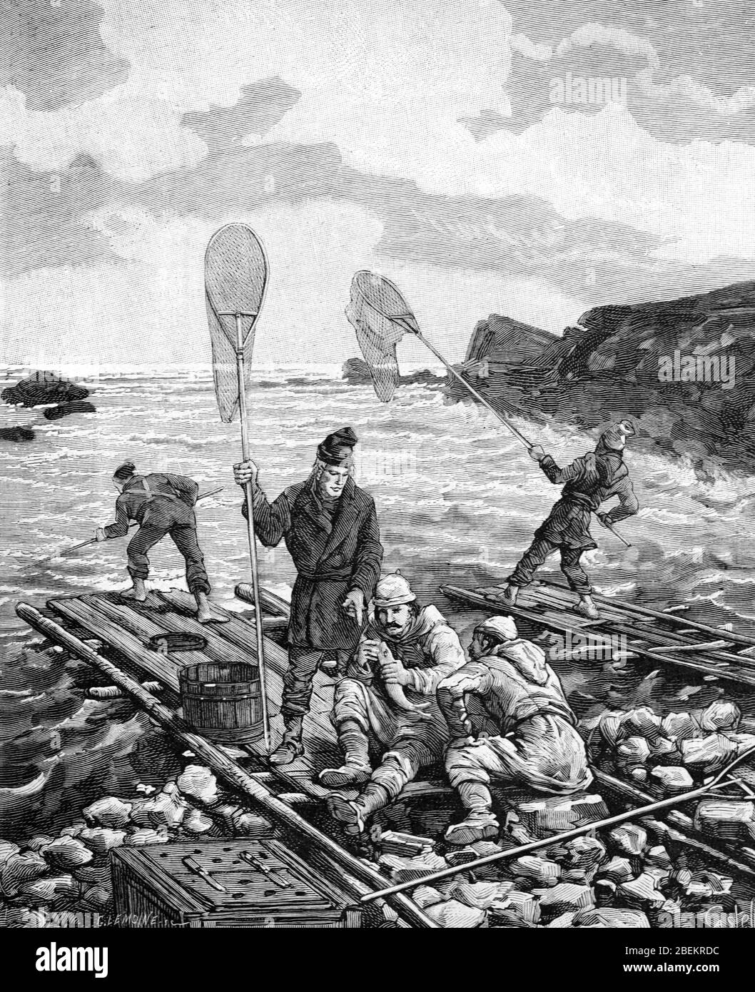 Pescatori o pescatori che pescando con reti sul fiume Hudson USA. Vintage o Old Illustration o Engraving 1887 Foto Stock
