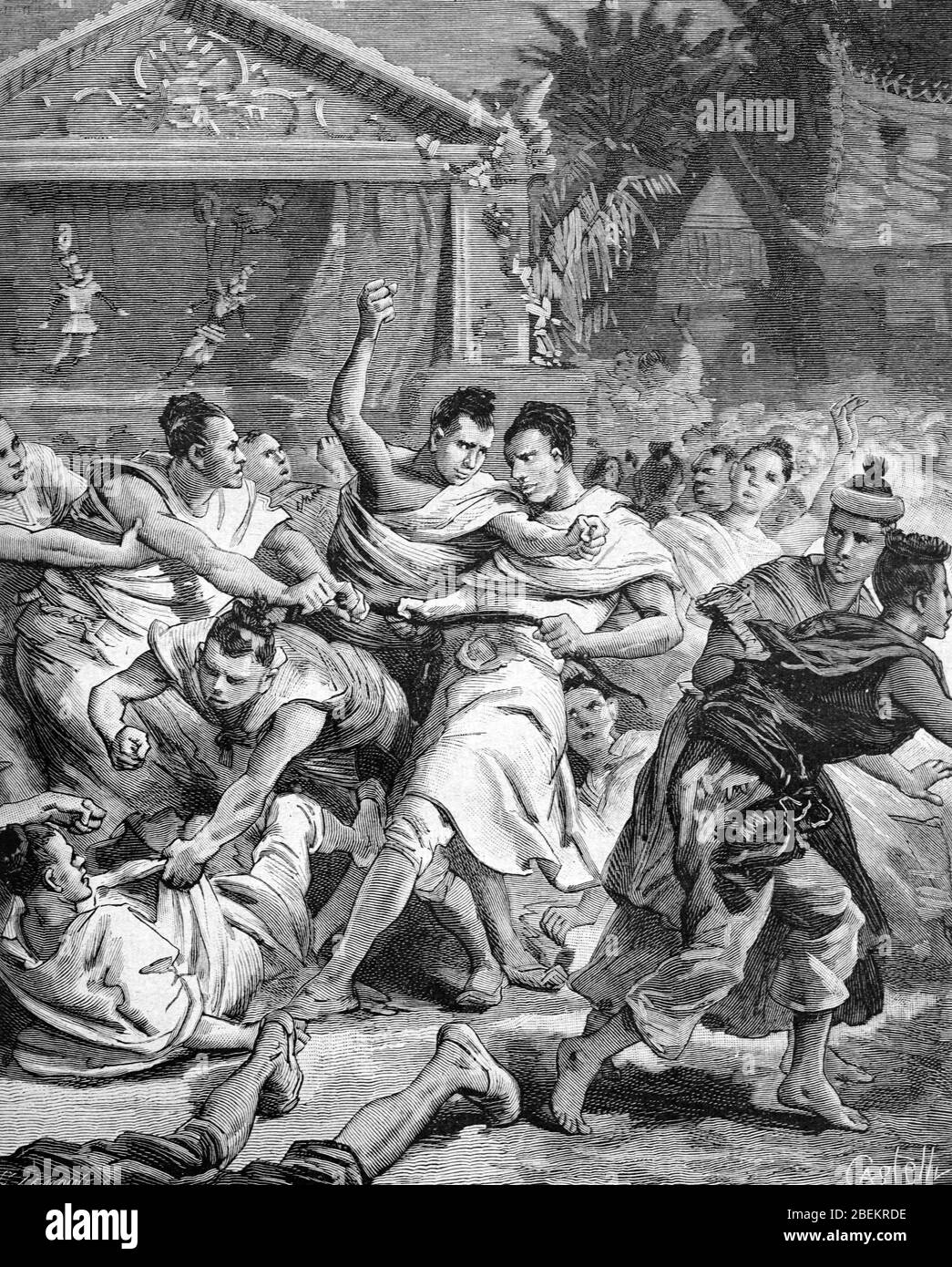 Lotta o Riot durante uno spettacolo teatrale a Rangoon o Yangon, Birmania o Myanmar. Vintage o Old Illustration o Engraving 1887 Foto Stock