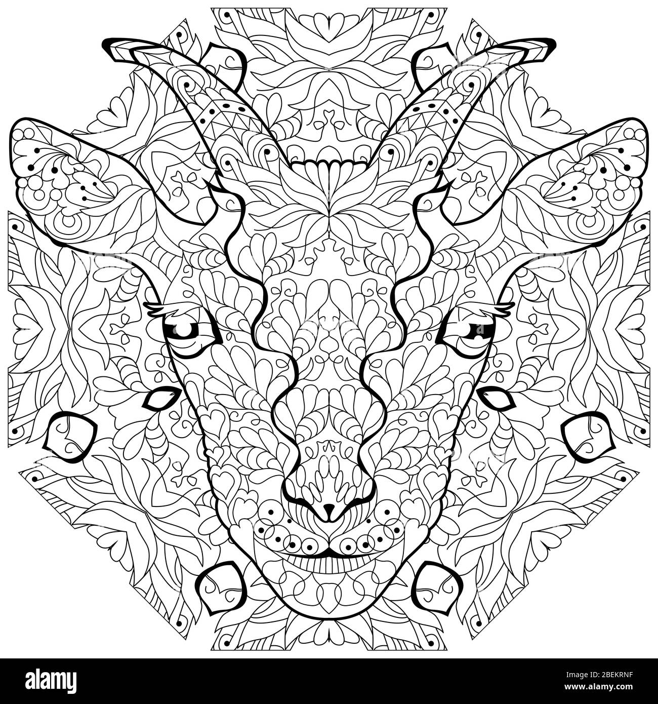 Testa di capra Zentangle con mandala. Illustrazione vettoriale decorativa disegnata a mano per la colorazione Illustrazione Vettoriale