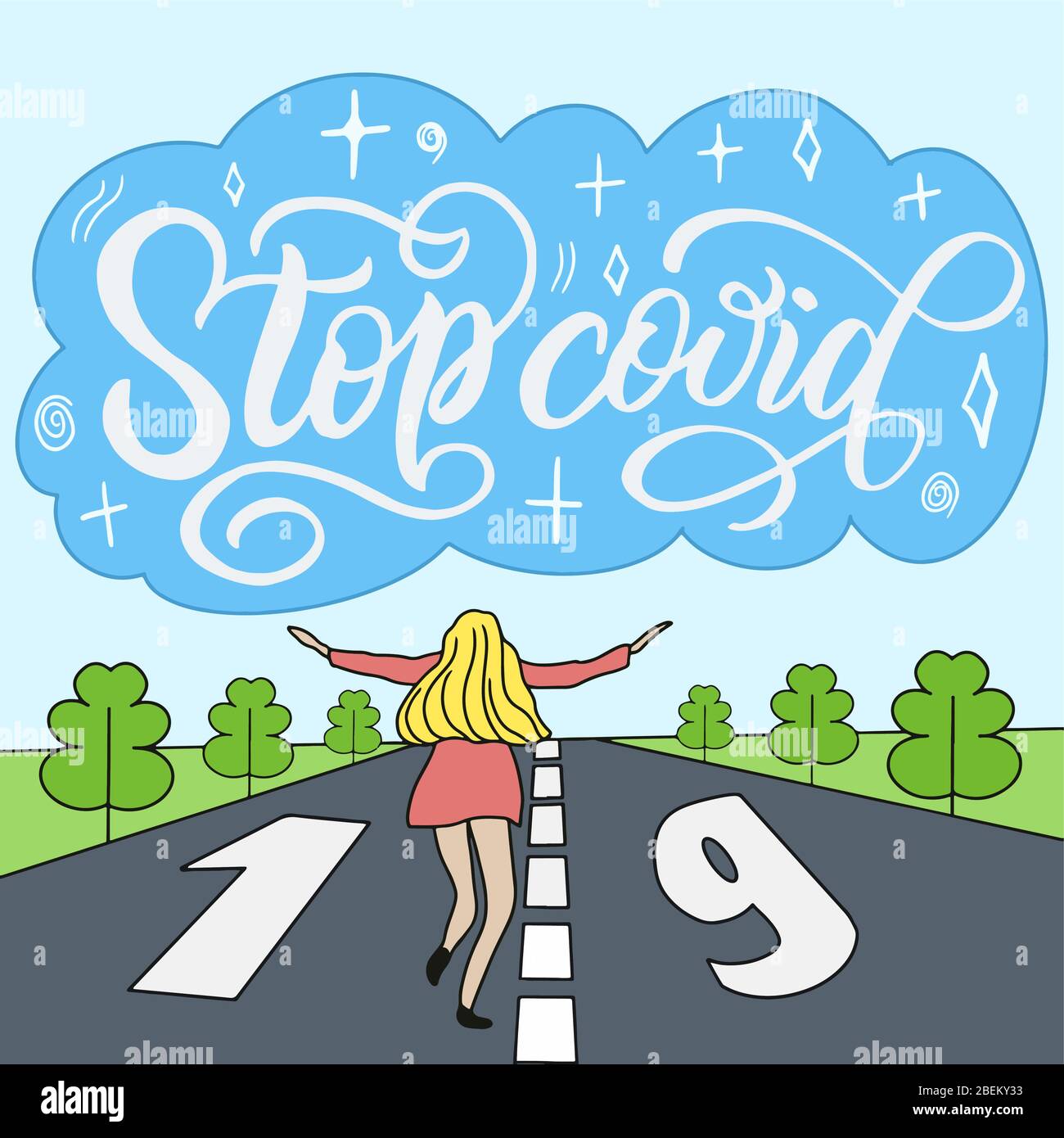 Poster di propaganda Stop covid 19, ragazza e una grande nuvola con l'iscrizione Illustrazione Vettoriale