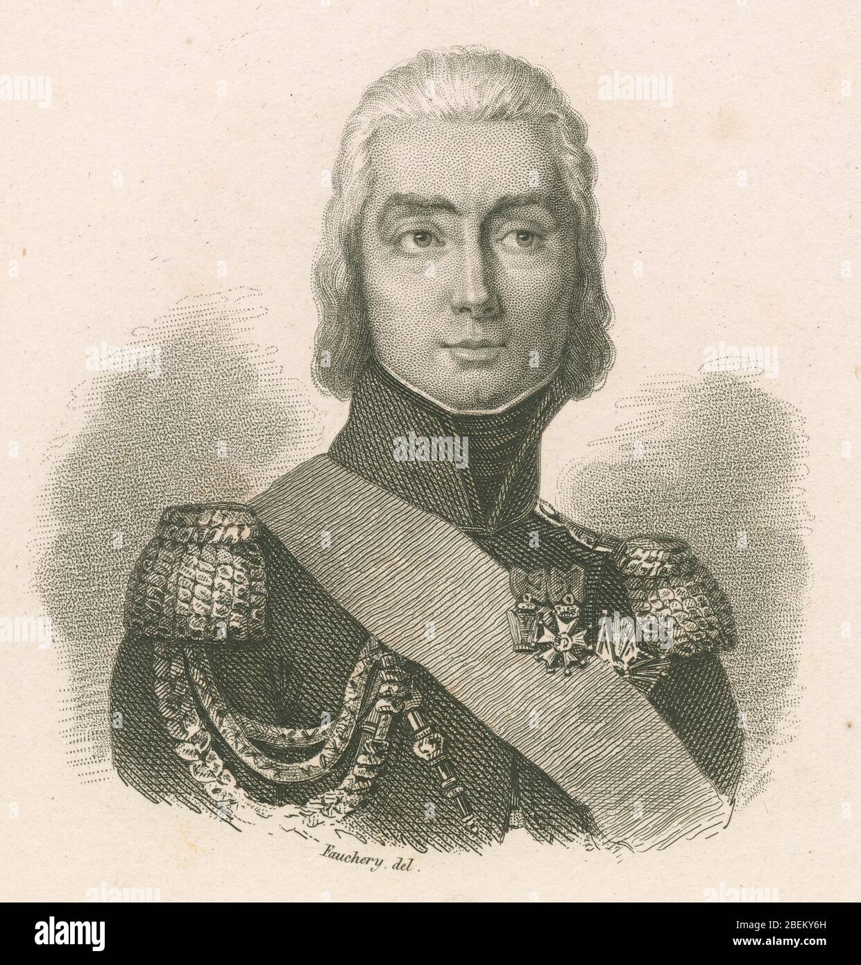 Incisione antica, Jean-Baptiste Bessières. Jean-Baptiste Bessières, 1° duca d'Istria (1768-1813), fu un maresciallo dell'Impero napoleonico. FONTE: INCISIONE ORIGINALE Foto Stock