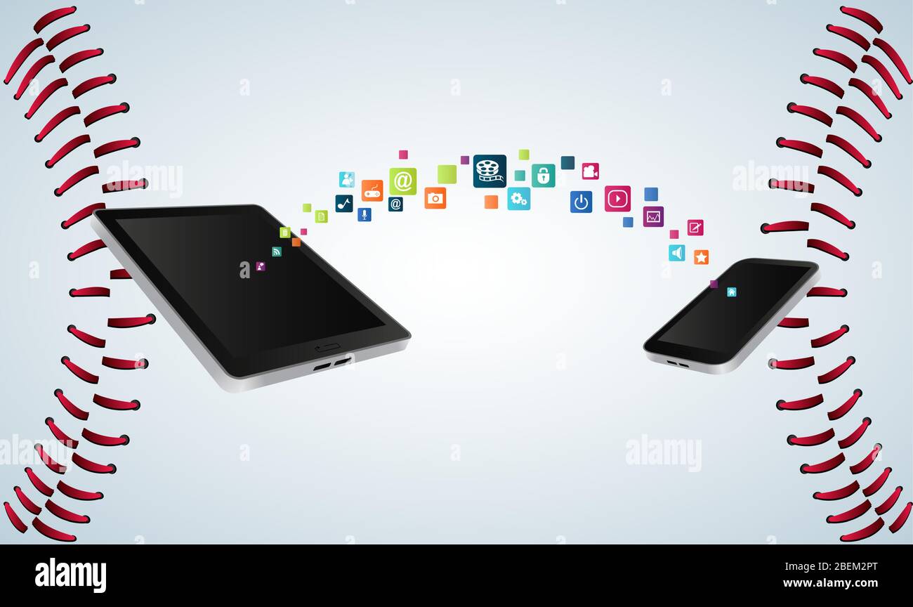 trasferimento dati da un dispositivo elettronico a un altro su sfondo con texture di base Illustrazione Vettoriale