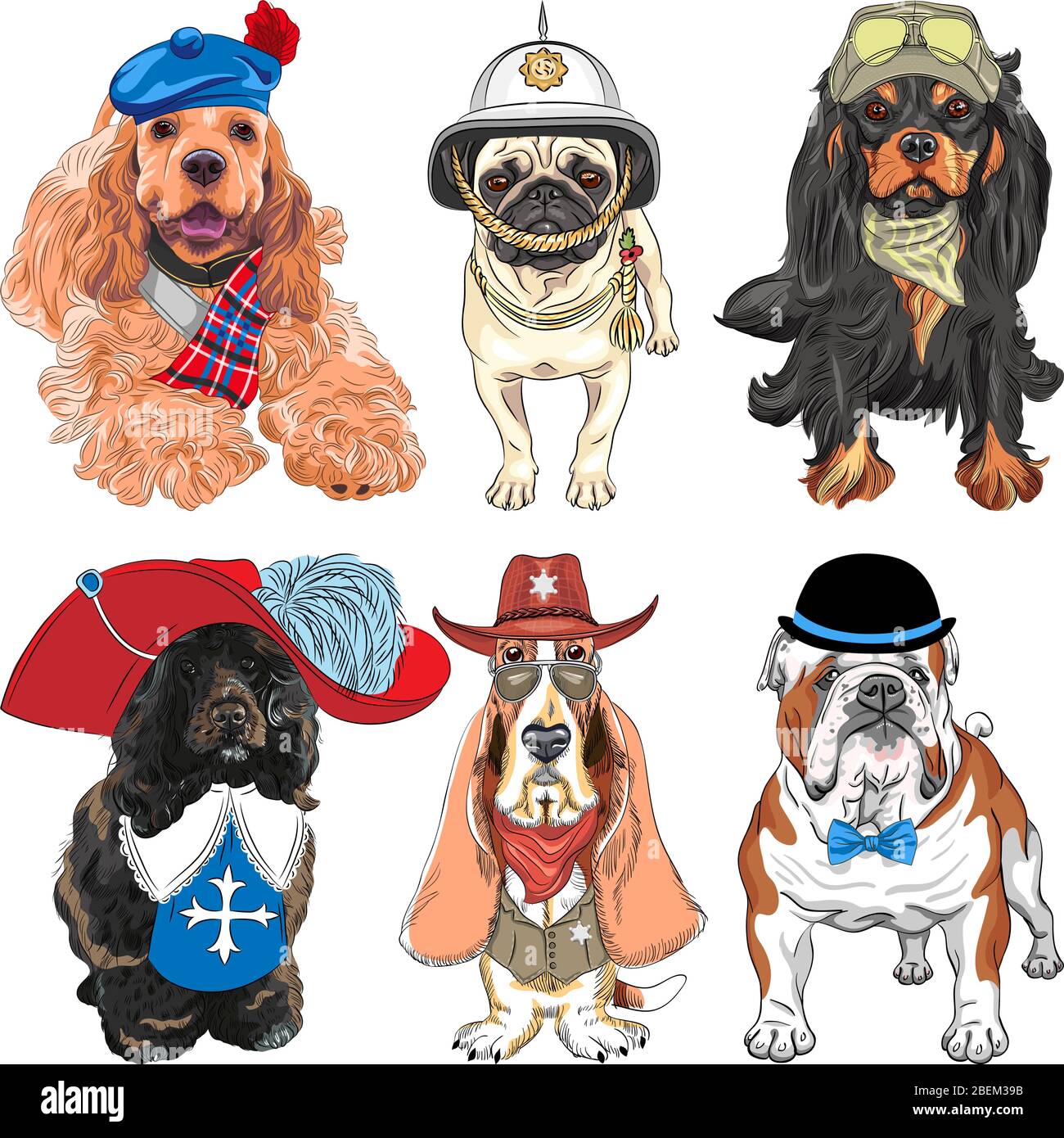 Set di cani. Cavalier re Carlo Spaniel, Basset Hound come sceriffo, inglese Bulldog, portoghese Water Dog come musketeer, Pug in casco britannico Illustrazione Vettoriale