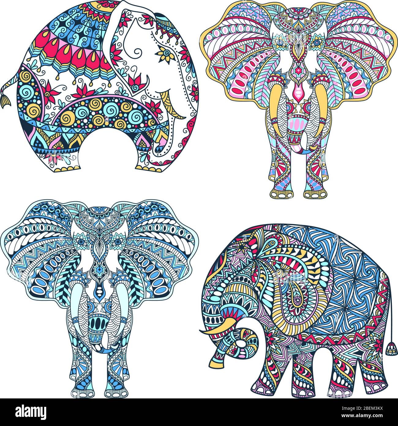 Set vettoriale di tatuaggi colorati disegnati a mano con elefante indiano decorato Illustrazione Vettoriale