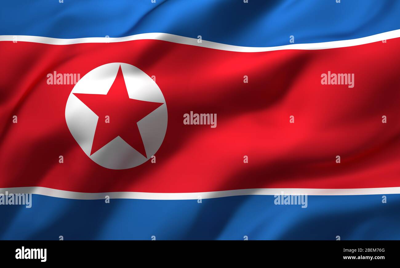Bandiera della Corea del Nord che soffia nel vento. Bandiera di bandiera della Corea del Nord a pagina intera. Illustrazione 3D. Foto Stock