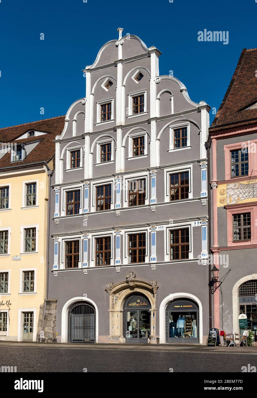 Casa con facciata rinascimentale a Untermarkt 23, Görlitz (Goerlitz), Germania Foto Stock
