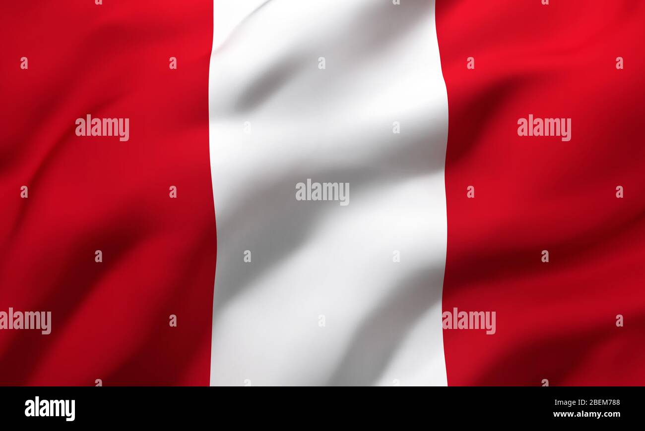 Bandiera del Perù soffiare nel vento. Pagina intera bandiera peruviana. Illustrazione 3D. Foto Stock