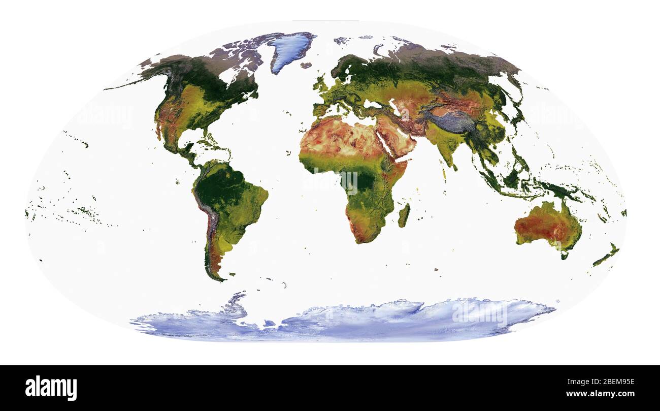 Mappa del mondo che mostra la copertura del terreno e rilievo ombreggiato con uno stile naturale e un rilievo ombreggiatura degli oceani. Proiezione Loximunthal. Foto Stock