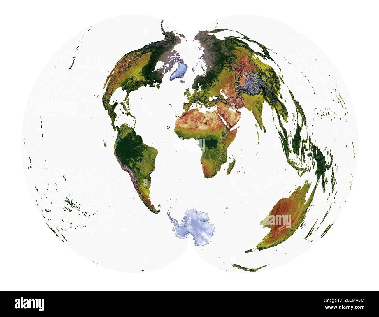 Mappa del mondo che mostra la copertura del terreno e rilievo ombreggiato con uno stile naturale e un rilievo ombreggiatura degli oceani. Proiezione policonica. Foto Stock
