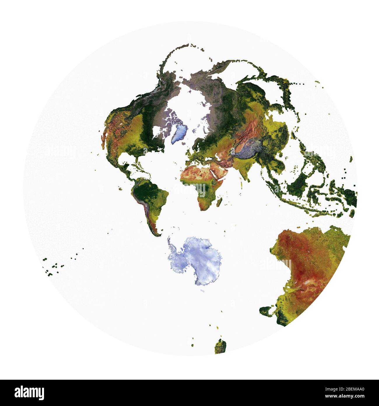 Mappa del mondo che mostra la copertura del terreno e rilievo ombreggiato con uno stile naturale e un rilievo ombreggiatura degli oceani. Proiezione stereografica. Foto Stock