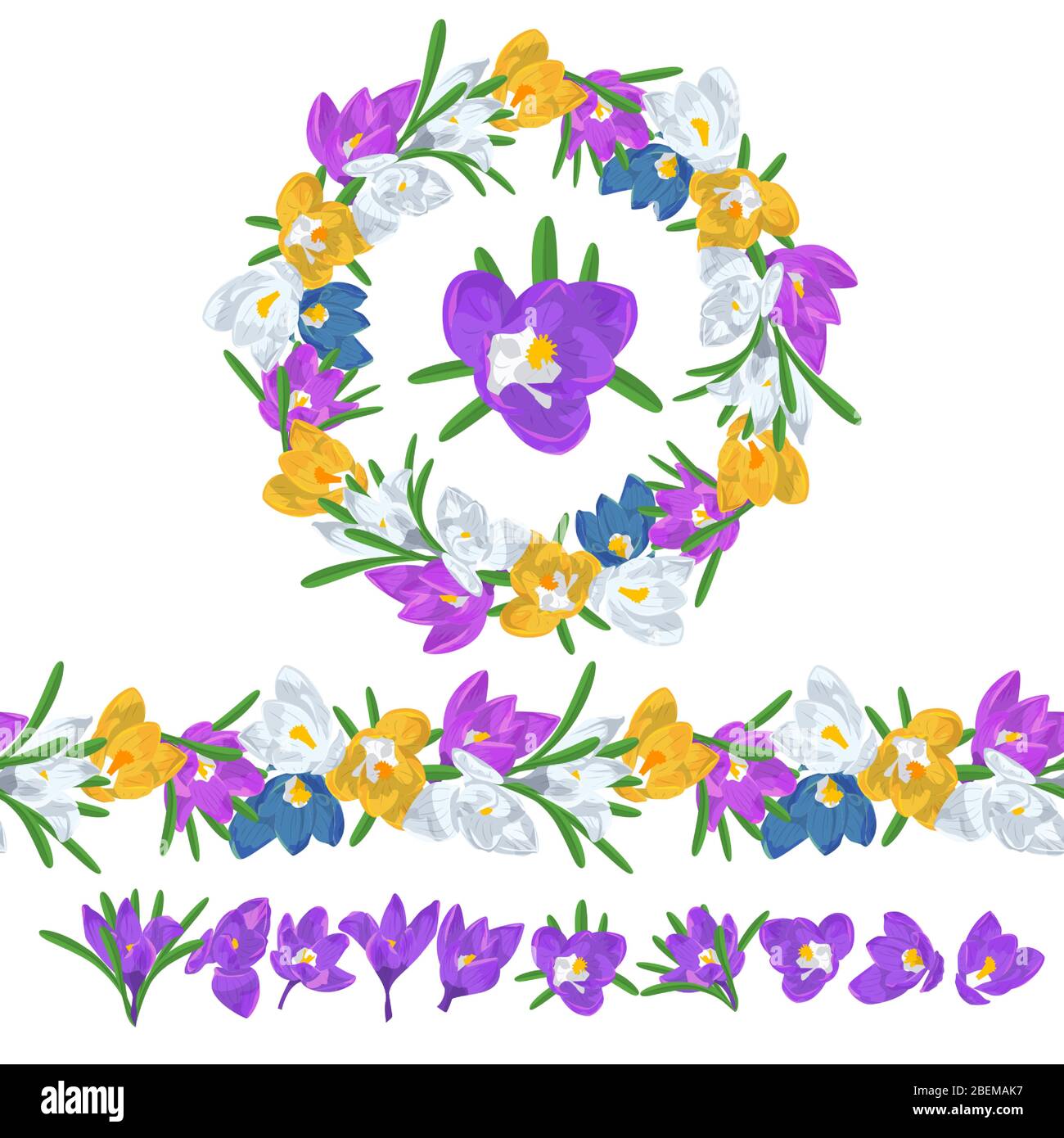 Mano disegnata colorful croco fiori corona circolare e pennello senza cuciture. Elemento di design floreale. Isolato su sfondo bianco. Illustrazione vettoriale Illustrazione Vettoriale