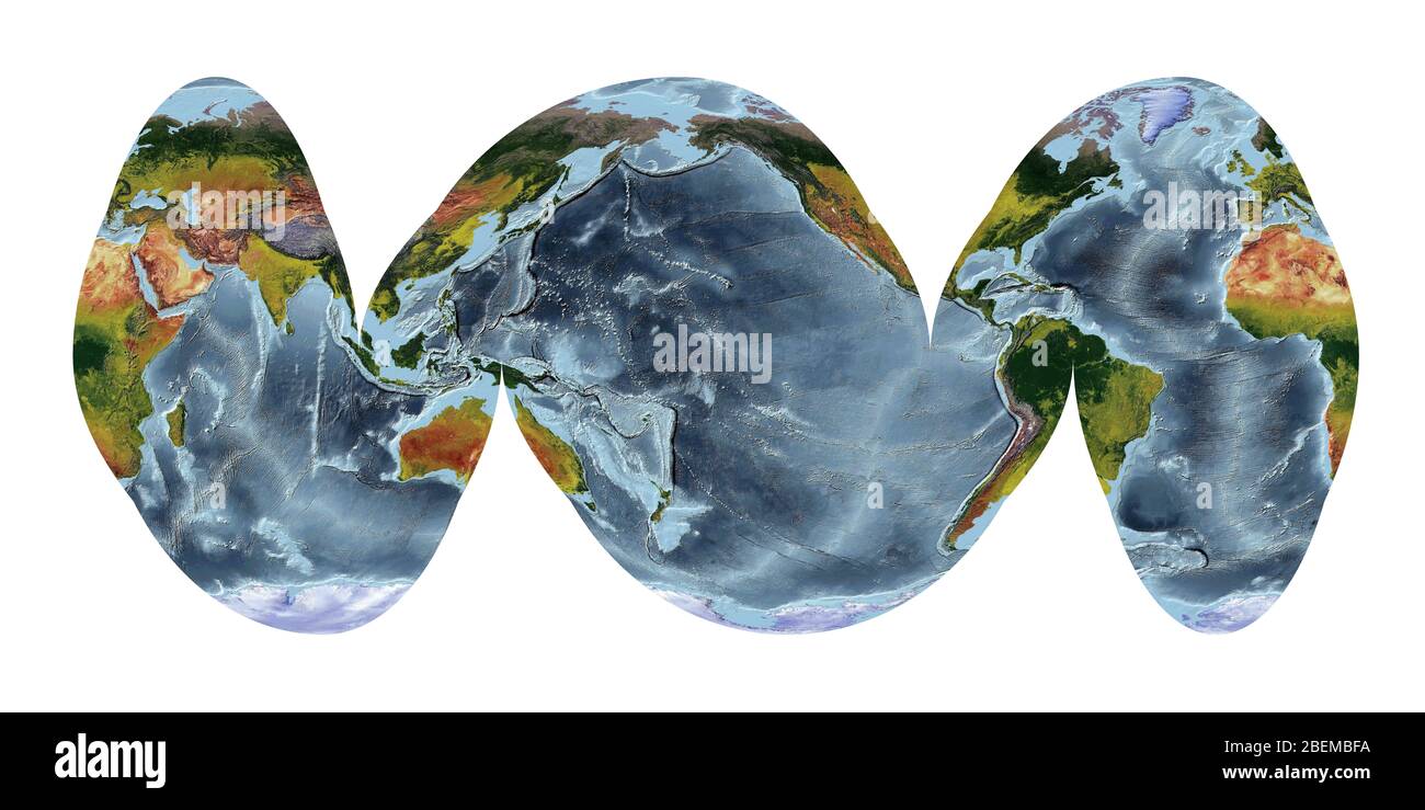 Mappa del mondo che mostra la copertura del terreno e rilievo ombreggiato con uno stile naturale e un rilievo ombreggiatura degli oceani. Goode Omelosine Ocean proiezione. Foto Stock