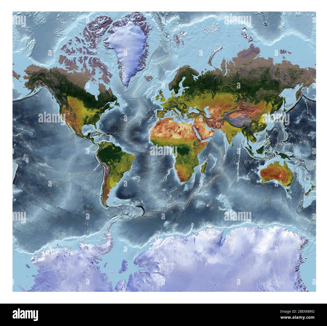 Mappa del mondo che mostra la copertura del terreno e rilievo ombreggiato con uno stile naturale e un rilievo ombreggiatura degli oceani. Proiezione di Mercator. Foto Stock