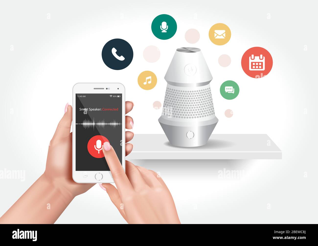 Design vettoriale che mostra un altoparlante intelligente compatibile con l'applicazione per smartphone. Illustrazione Vettoriale