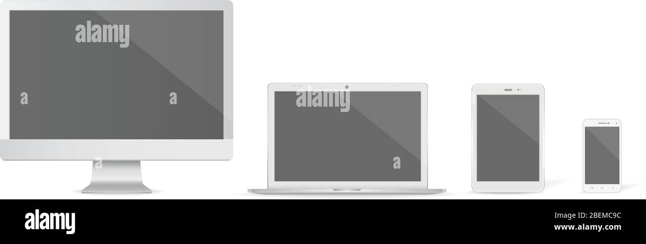 Set di monitor per computer, notebook, tablet e telefono con grafica vettoriale realistica su sfondo bianco. Illustrazione Vettoriale
