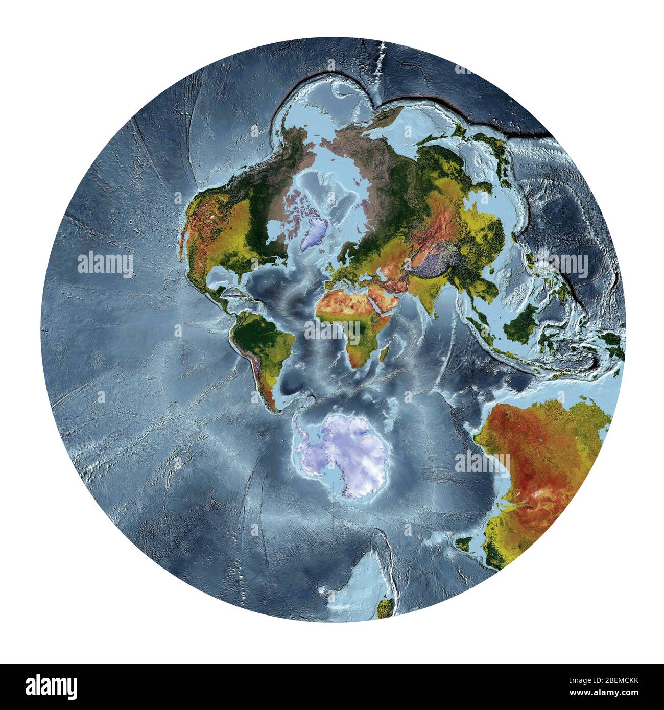 Mappa del mondo che mostra la copertura del terreno e rilievo ombreggiato con uno stile naturale e un rilievo ombreggiatura degli oceani. Proiezione stereografica. Foto Stock