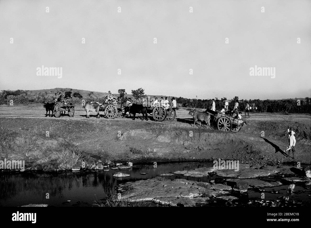 Lavoratori indiani e loro famiglie che viaggiano con carri trafilati da buoi in Punjab India 1958 Foto Stock