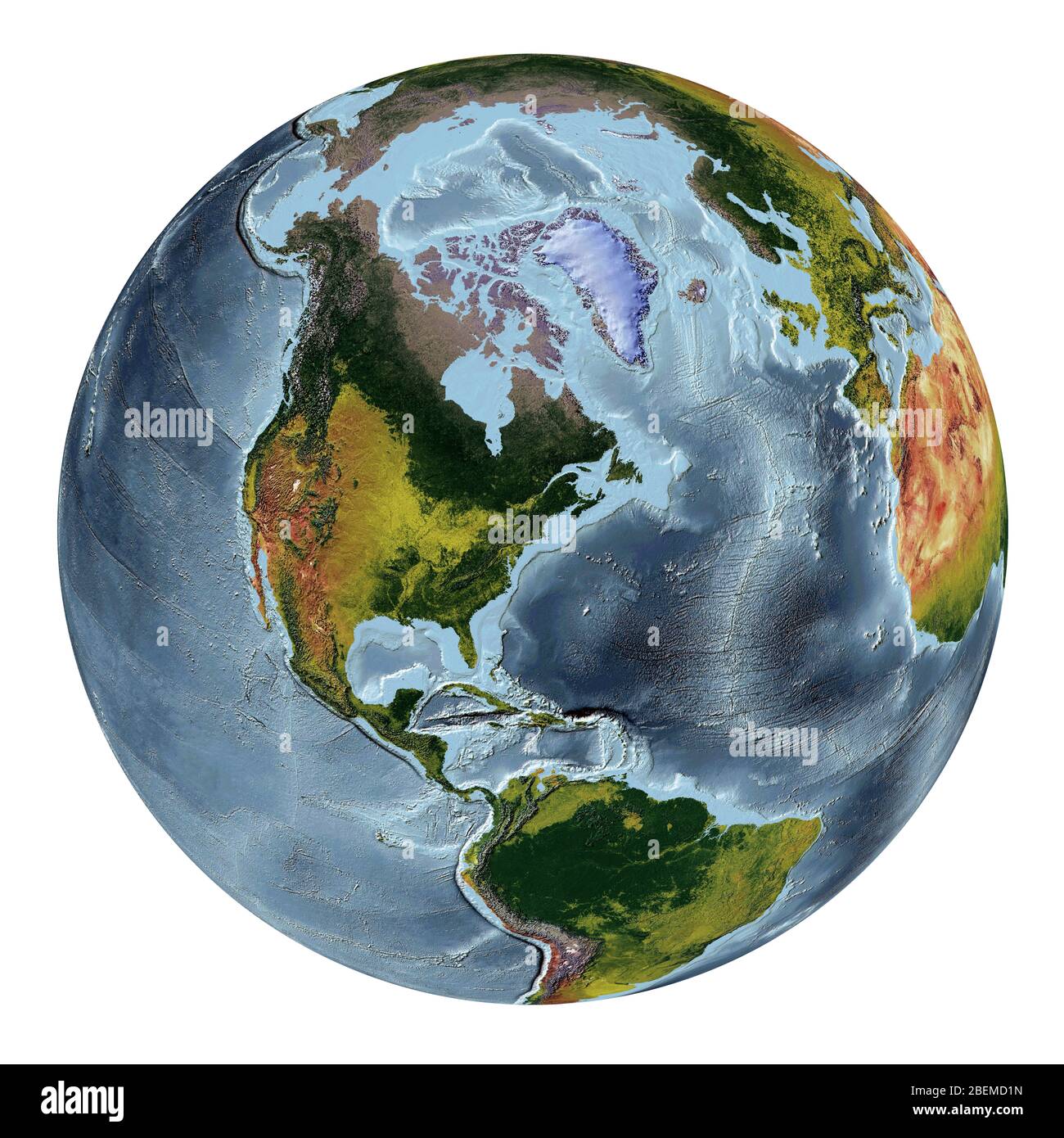 Mappa del mondo che mostra la copertura del terreno e rilievo ombreggiato con uno stile naturale e un rilievo ombreggiatura degli oceani. Il mondo forma la proiezione spaziale. Foto Stock