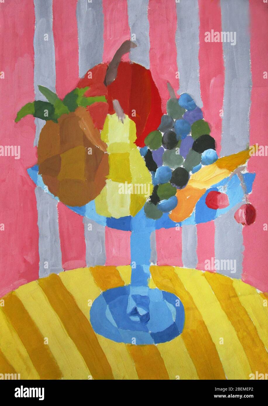 Colorata astratta ancora vita con frutta, gouache Foto Stock