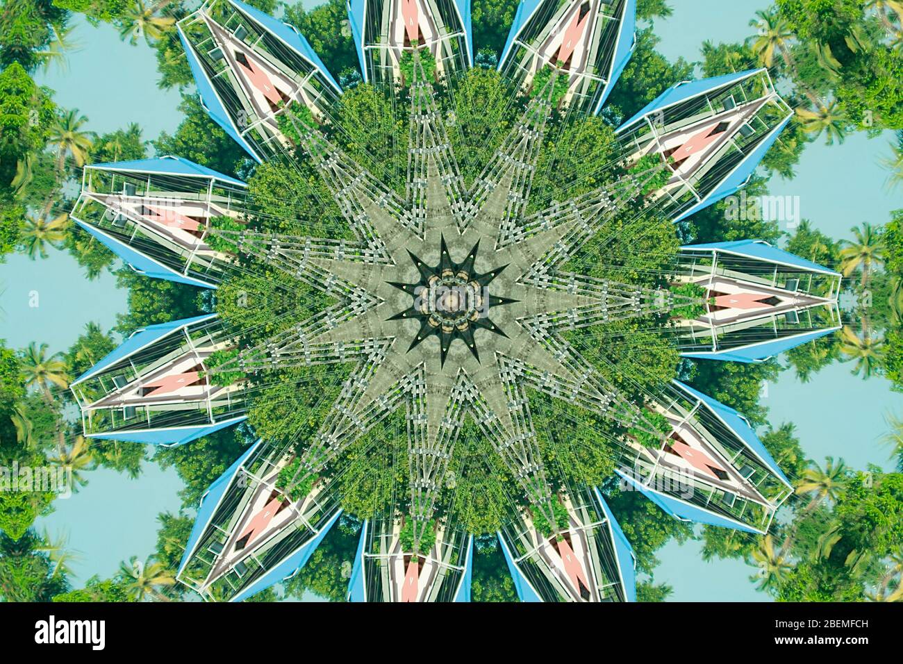 Misterioso sogno astratto come struttura, illusione o labirinto di verde, cielo e acqua. Foto Stock