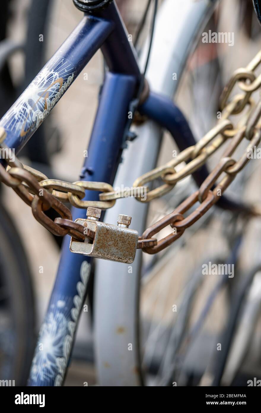 Particolare di un lucchetto e catena su una bicicletta Foto Stock