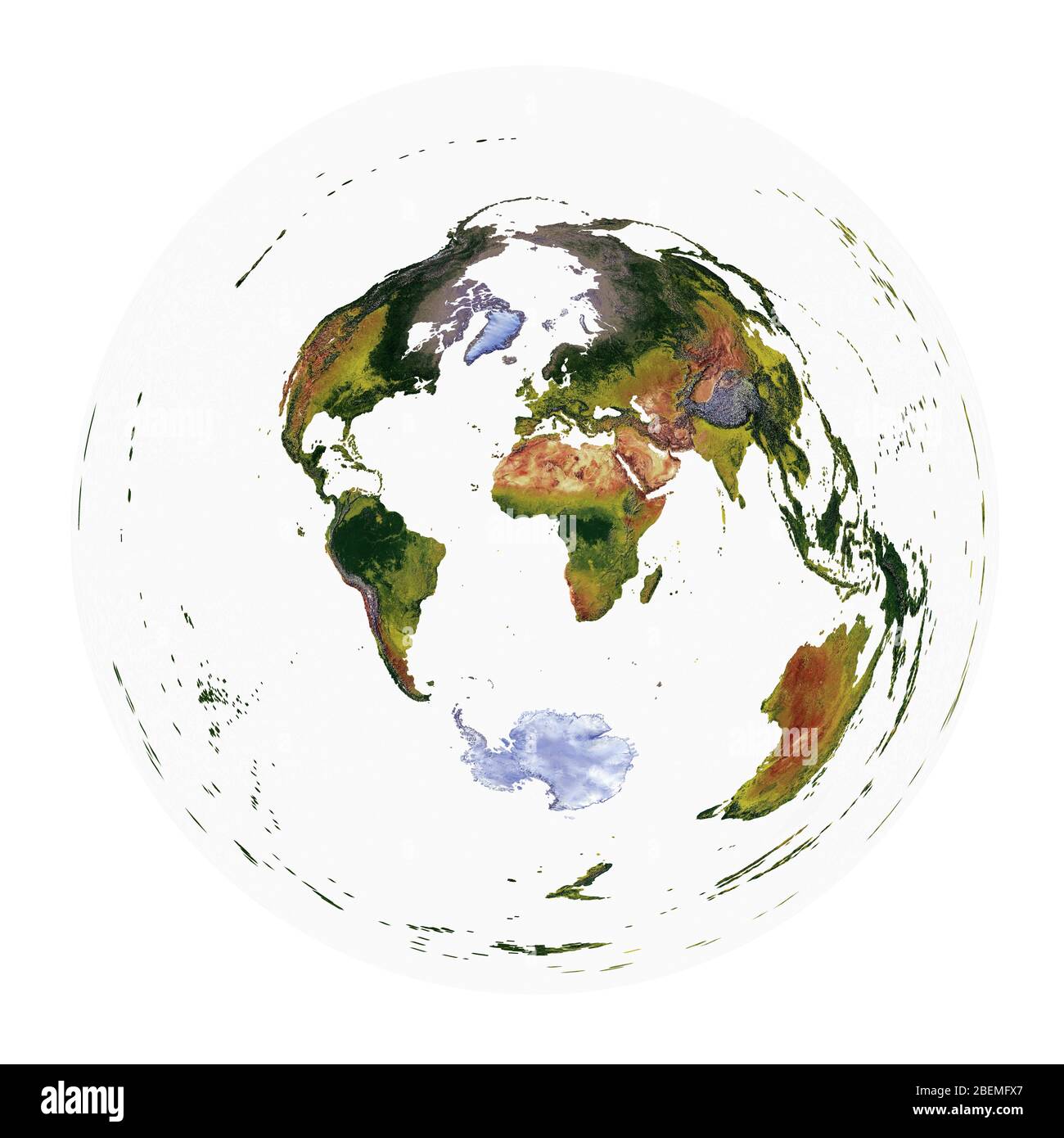 Mappa del mondo che mostra la copertura del terreno e rilievo ombreggiato con uno stile naturale e un rilievo ombreggiatura degli oceani. Proiezione azimutale. Foto Stock