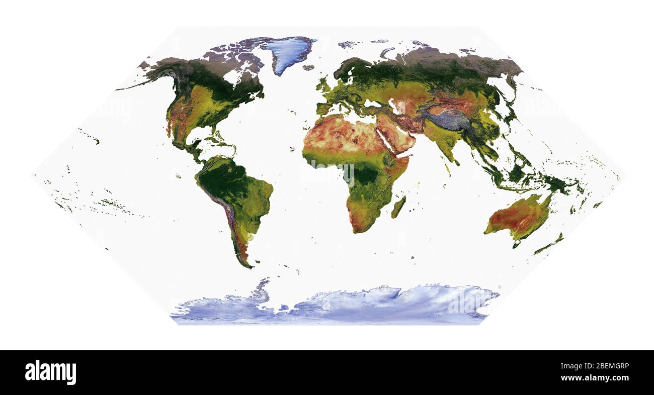 Mappa del mondo che mostra la copertura del terreno e rilievo ombreggiato con uno stile naturale e un rilievo ombreggiatura degli oceani. Eckert i proiezione. Foto Stock