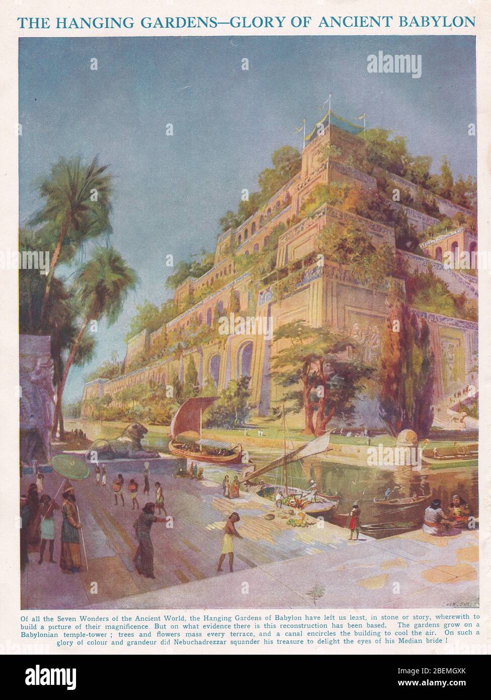 Illustrazione dell'impressione dell'artista vintage degli anni '30 dei Giardini sospesi di Babilonia. Foto Stock