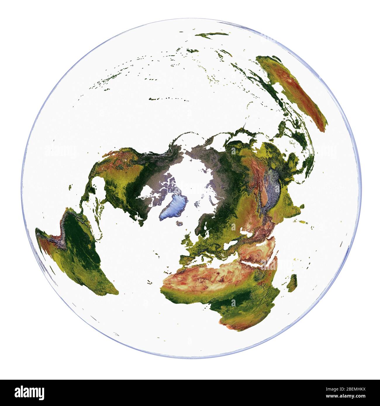 Mappa del mondo che mostra la copertura del terreno e rilievo ombreggiato con uno stile naturale e un rilievo ombreggiatura degli oceani. WGS 1984 EASE Grid North Projection Foto Stock