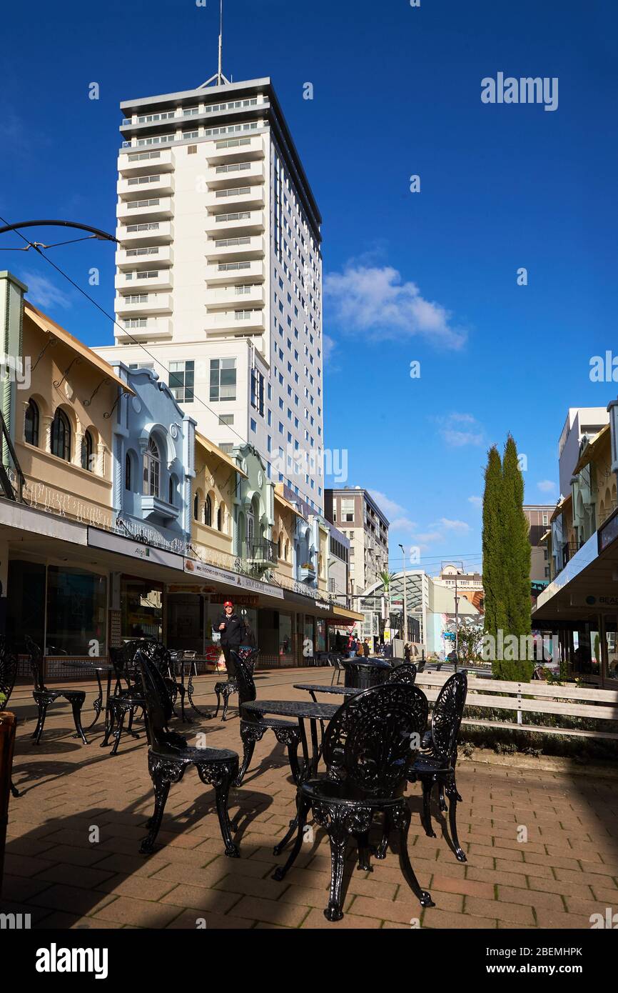 Christchurch, Nuova Zelanda - 10 giugno 2017: New Regent Street, una strada fiancheggiata da splendidi edifici colorati Foto Stock