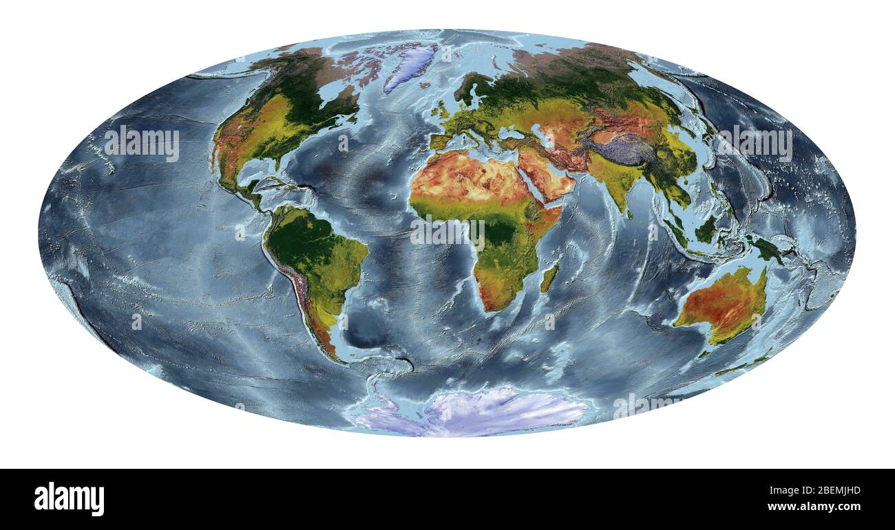 Mappa del mondo che mostra la copertura del terreno e rilievo ombreggiato con uno stile naturale e un rilievo ombreggiatura degli oceani. Proiezione Aitoff. Foto Stock