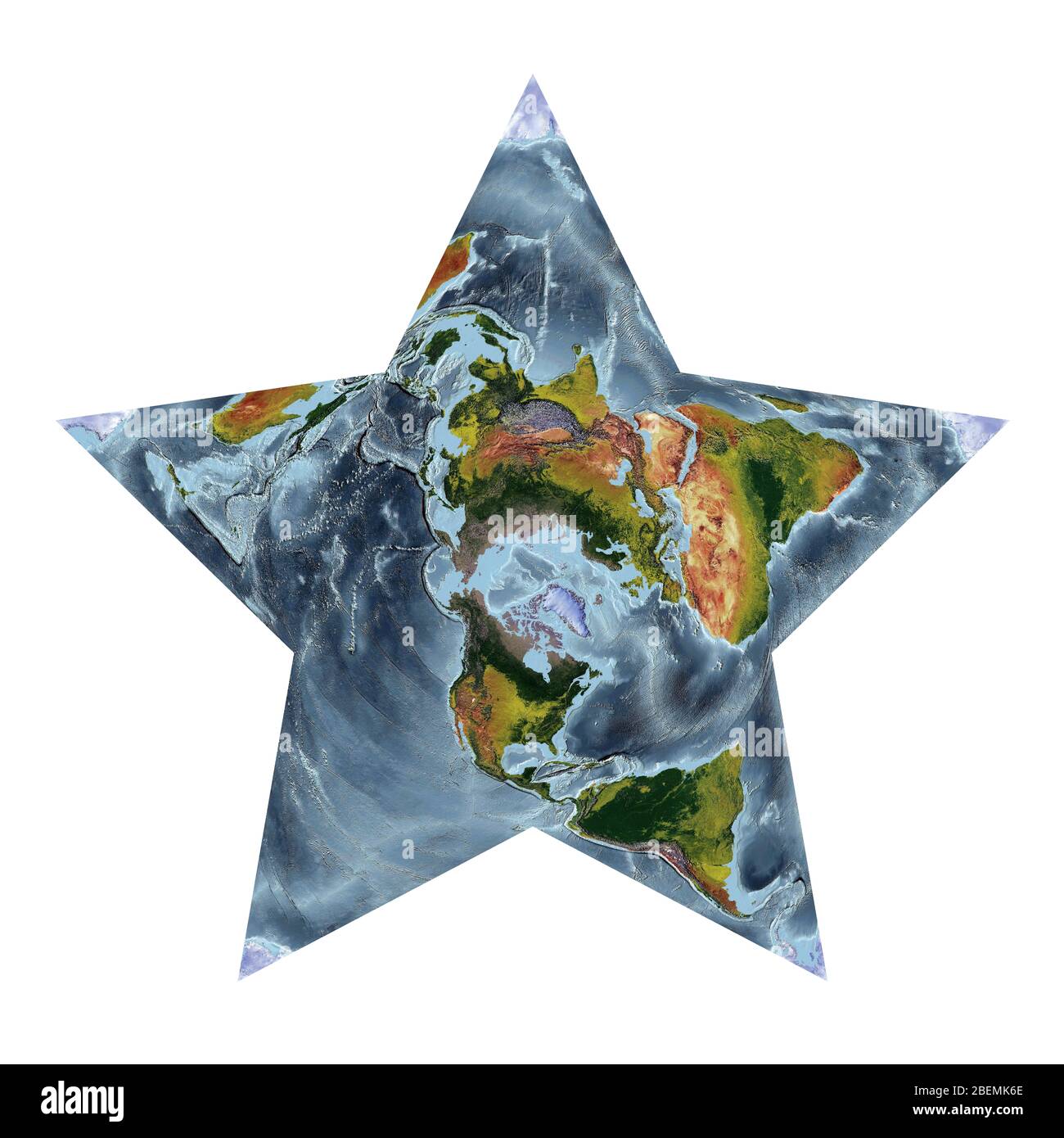 Mappa del mondo che mostra la copertura del terreno e rilievo ombreggiato con uno stile naturale e un rilievo ombreggiatura degli oceani. Proiezione Berghaus Star AAG. Foto Stock