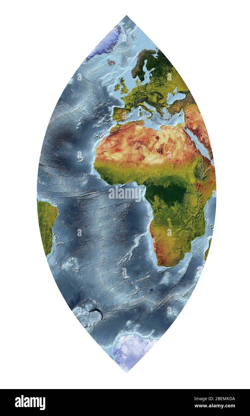 Mappa del mondo che mostra la copertura del terreno e rilievo ombreggiato con uno stile naturale e un rilievo ombreggiatura degli oceani. Proiezione Cassini. Foto Stock