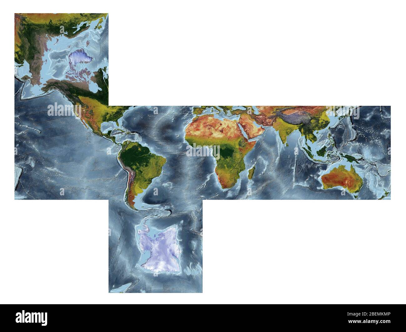 Mappa del mondo che mostra la copertura del terreno e rilievo ombreggiato con uno stile naturale e un rilievo ombreggiatura degli oceani. Proiezione cubo. Foto Stock