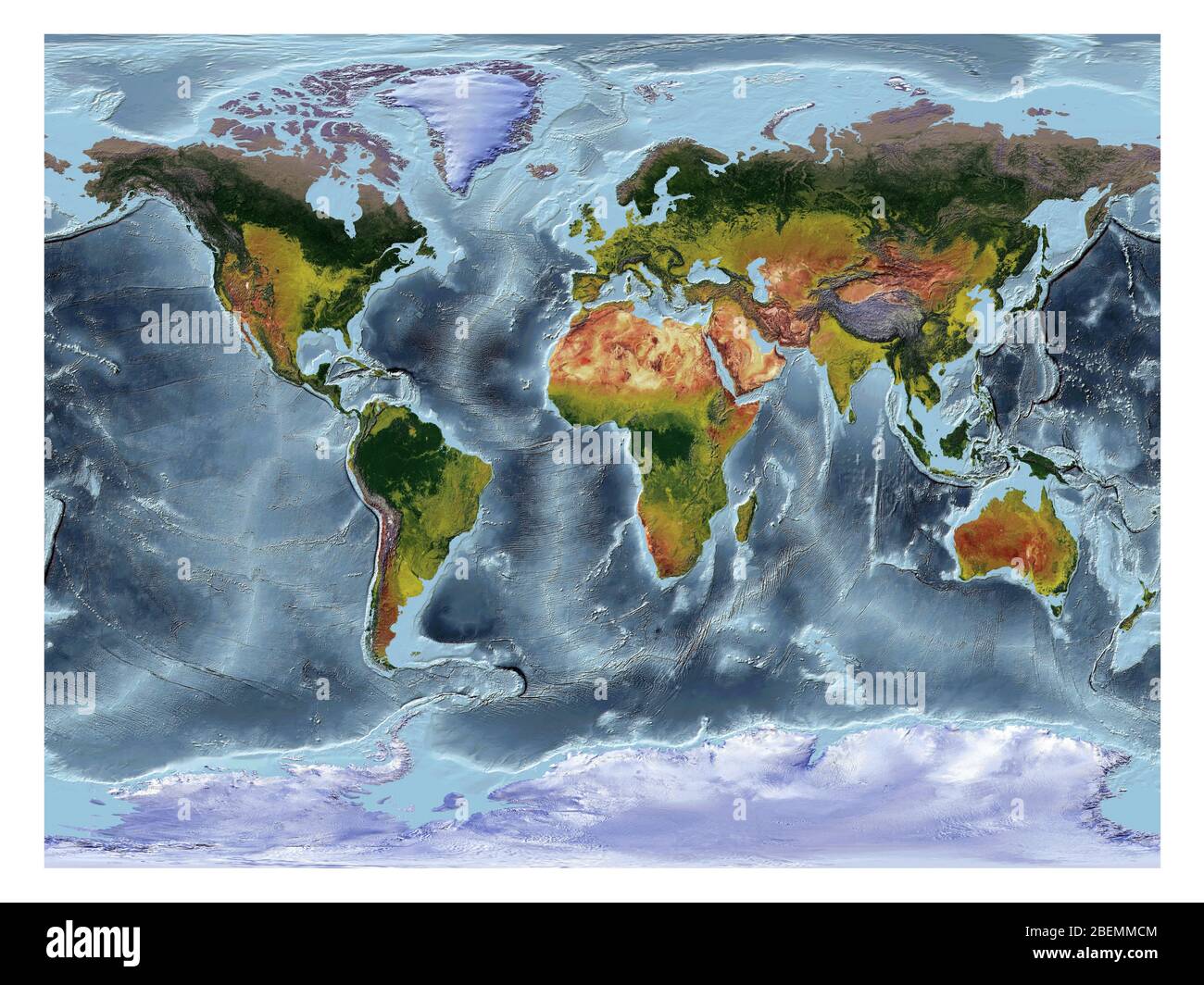 Mappa del mondo che mostra la copertura del terreno e rilievo ombreggiato con uno stile naturale e un rilievo ombreggiatura degli oceani. Proiezione stereografica Gall Foto Stock