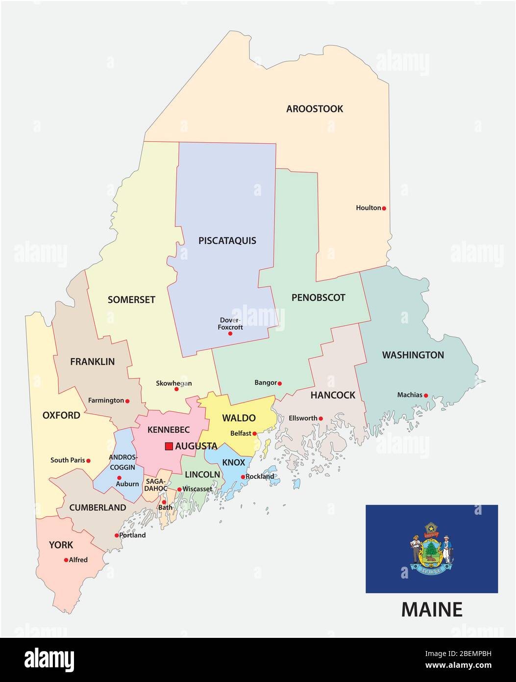 Maine politica e amministrativa di mappa vettoriale con bandiera Illustrazione Vettoriale
