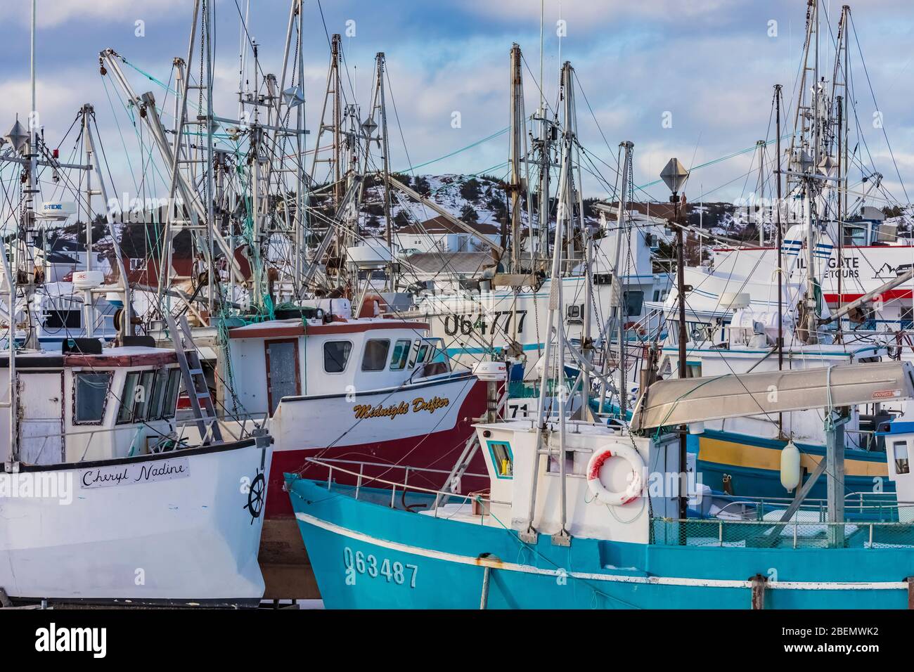 Marina per barche da pesca commerciali a Durrell, vicino a Twillingate, Terranova, Canada [Nessuna pubblicazione di proprietà; disponibile solo per la licenza editoriale] Foto Stock