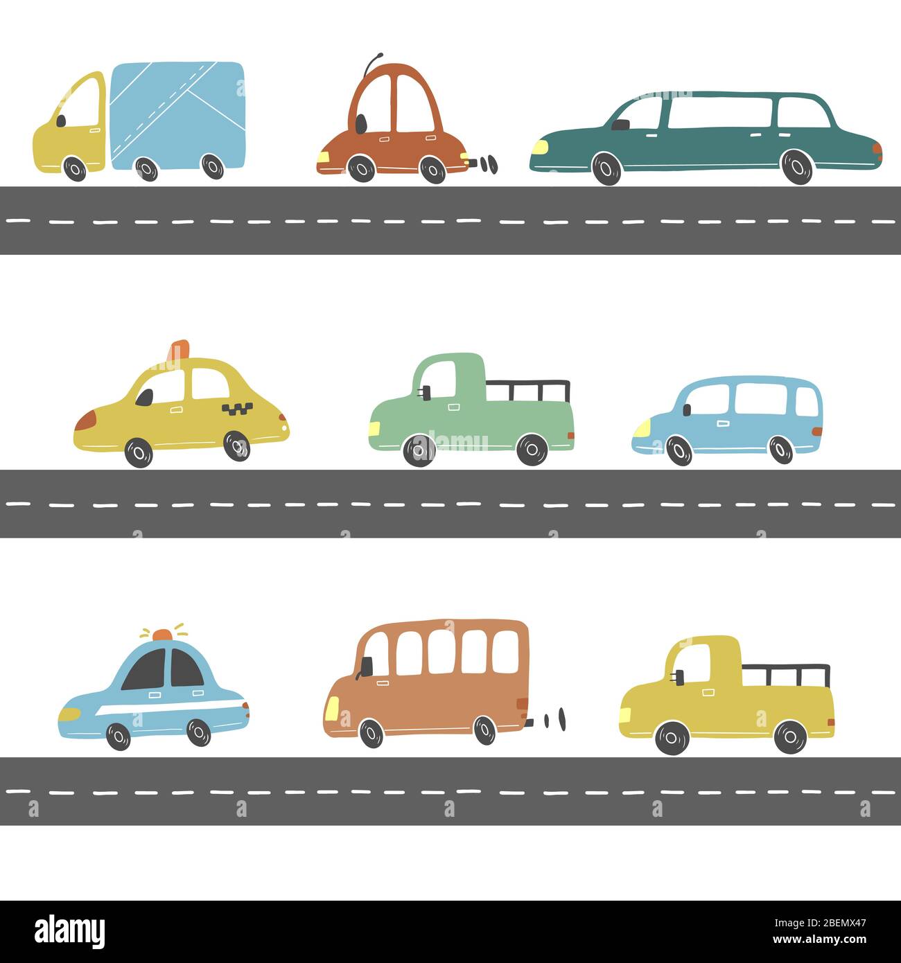 Set di cartoni animati carini e automobili in stile giocattolo e altri trasporti, camion, taxi, auto della polizia, autobus. Illustrazione del vettore isolato. Illustrazione Vettoriale