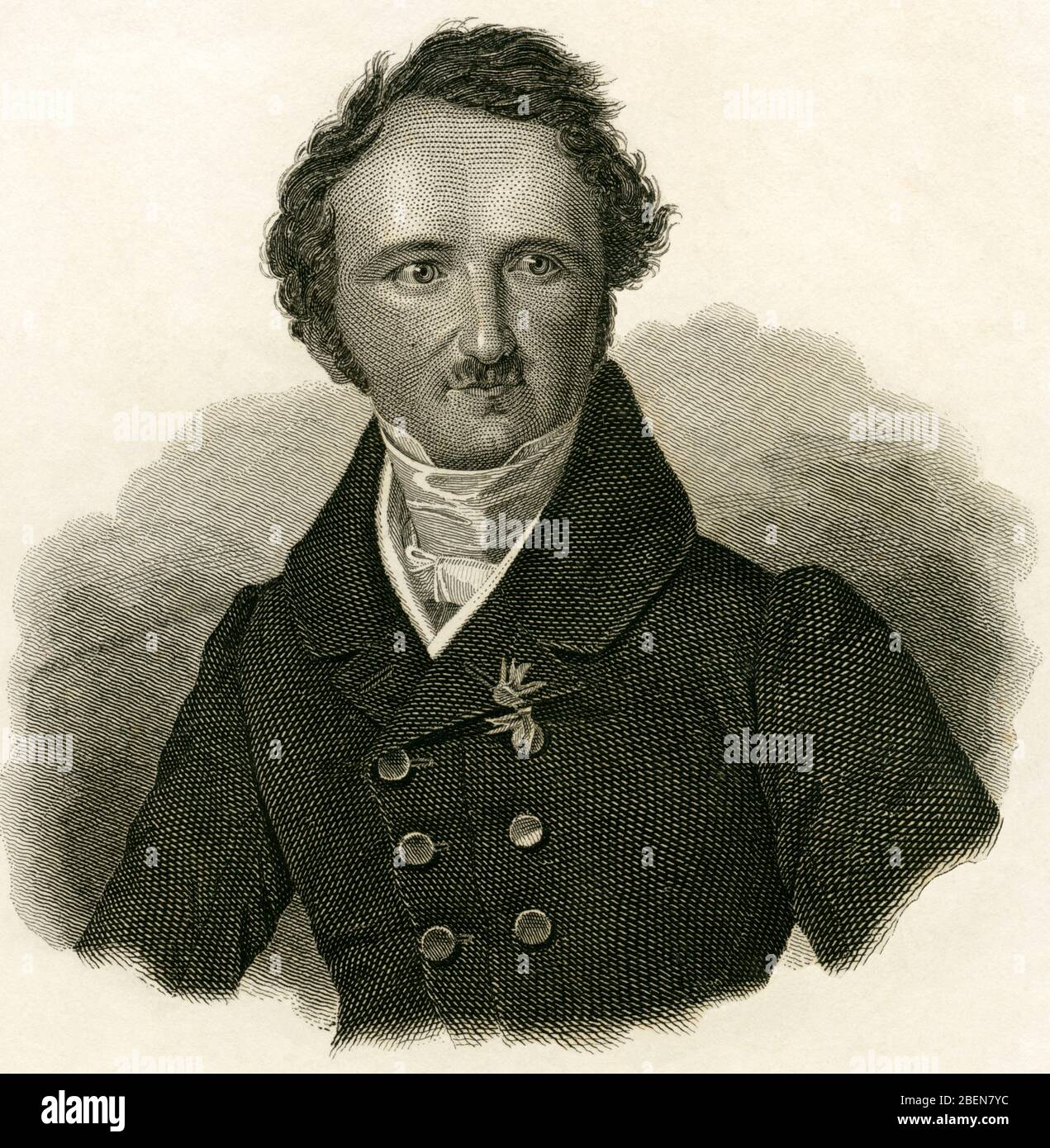 Europa, Deutschland, Sachsen, Hermann Fürst von Pückler-Muskau, deutscher Landschaftsarchitekt, Generalleutnant und Schriftsteller, Stahlstich von Jaquemot, herausgegeben vom Kunst-Verlag W. Creuzbauer, Karlsruhe, um 1840 . / Europa, Germania, Sassonia, Hermann Prince von Pückler-Muskau, nobile tedesco, architetto paesaggistico, autore e generale tenente, incisione in acciaio di Jaquemot, pubblicata da W. Creuzbauer, Karlsruhe , intorno al 1840 . Foto Stock