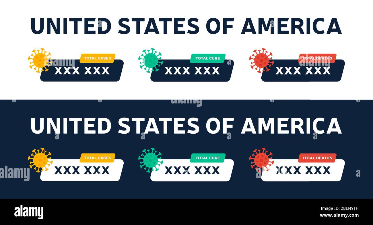 Set con evidenza di malattia, cura, morte Coronovirus, Covid 19 negli Stati Uniti. Il concetto di situazione con la malattia di coronavirus nel paese al Th Illustrazione Vettoriale