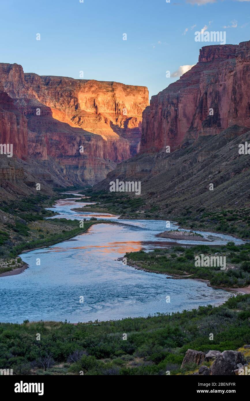 Il fiume Colorado a Nankoweap vicino al tramonto, il Parco Nazionale del Grand Canyon, Arizona, Stati Uniti Foto Stock