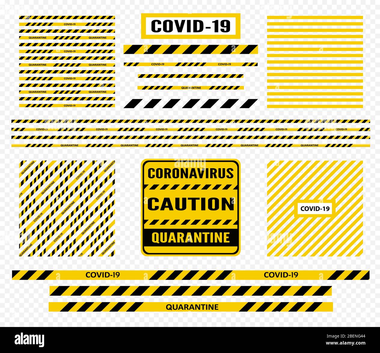 Nastro di pericolo giallo e nero e striscia di avvertenza per il nastro a strisce di avvertenza per quarantena di sfondo di Coronavirus 19 Illustrazione Vettoriale