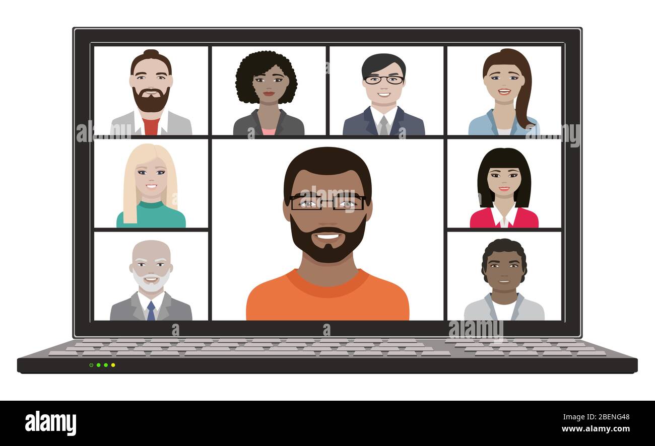 Il team aziendale con i volti si blocca e ha una riunione video remota online sul laptop schermo concetto di conferenza a distanza Illustrazione Vettoriale