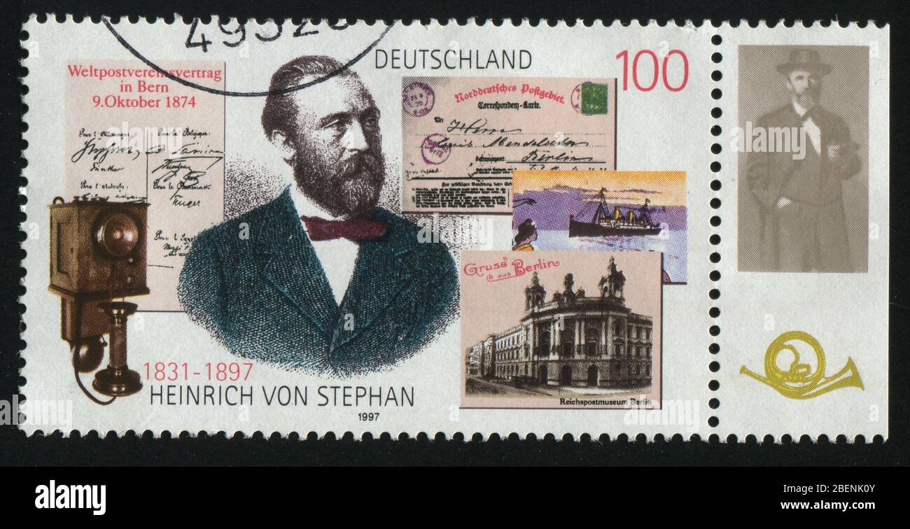 Germania- circa 1997: timbro stampato dalla Germania, mostra Heinrich von Stephan, circa 1997 Foto Stock