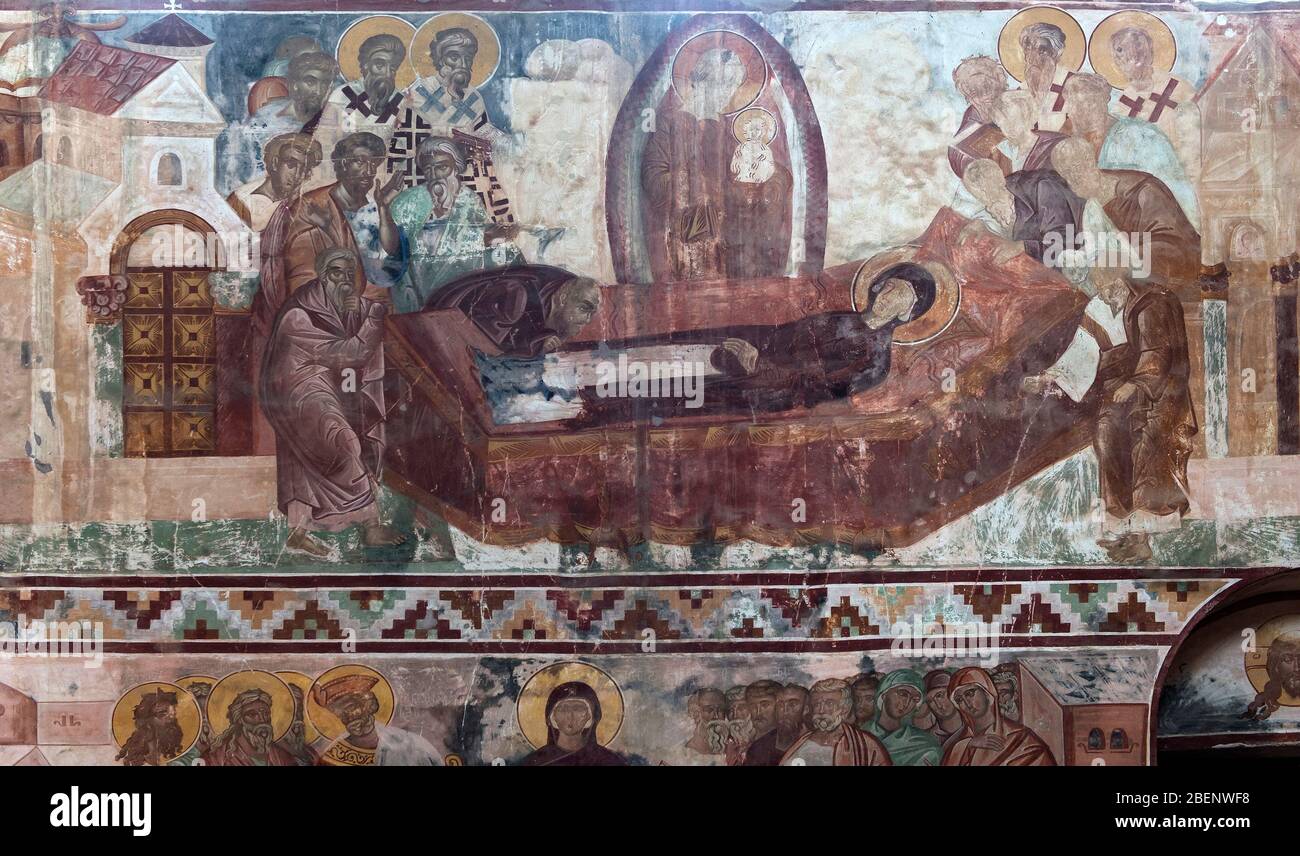 L'Assunzione della Vergine Maria, affreschi nella Chiesa ortodossa georgiana della Vergine al complesso medievale del Monastero di gelati, Kutaisi, Georgia Foto Stock