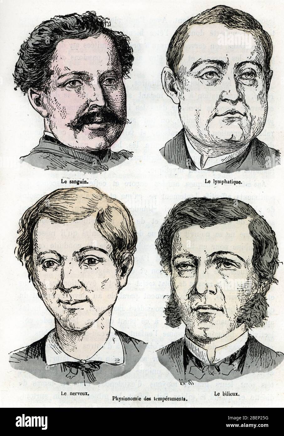 Representation de la physionomie des quatre temperaments (ou humeurs) tels que le concevait la medecine antique : le caractere sanguin, le caractere l Foto Stock