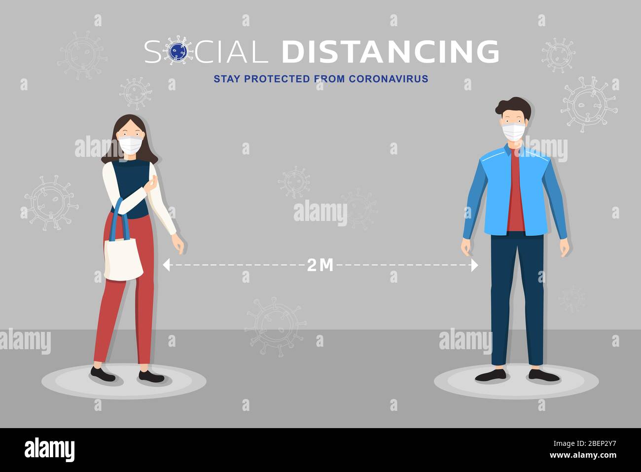 Personaggi cartoni animati che indossano una maschera medica a 2 metri di distanza l'uno dall'altro mostrando distanza sociale per proteggere da Coronavirus Illustrazione Vettoriale