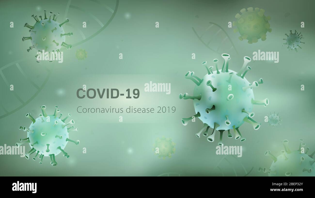 Particelle microscopiche di virus e DNA su fondo verde chiaro con testo COVID-19 Coronavirus Disease 2019 sullo spazio per le copie Illustrazione Vettoriale